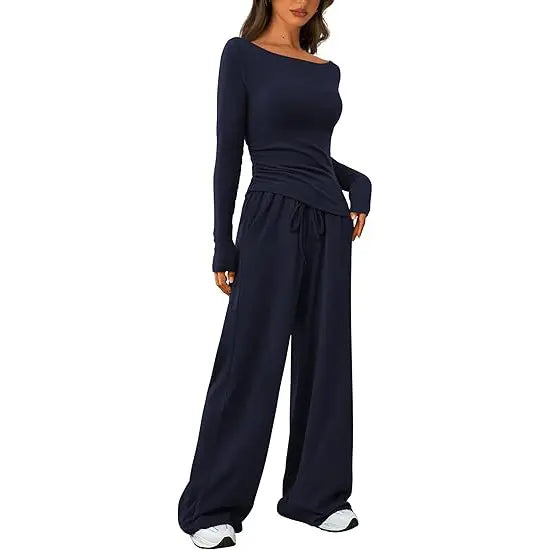 PRETTYGARDEN Women's 2-Piece Lounge Set Asymmetrical Long Sleeve T-Shirt & Wide Leg Pants Casual Fitted Tracksuit Loungewear Basic Minimalist Clothing with Drawstring & Pockets