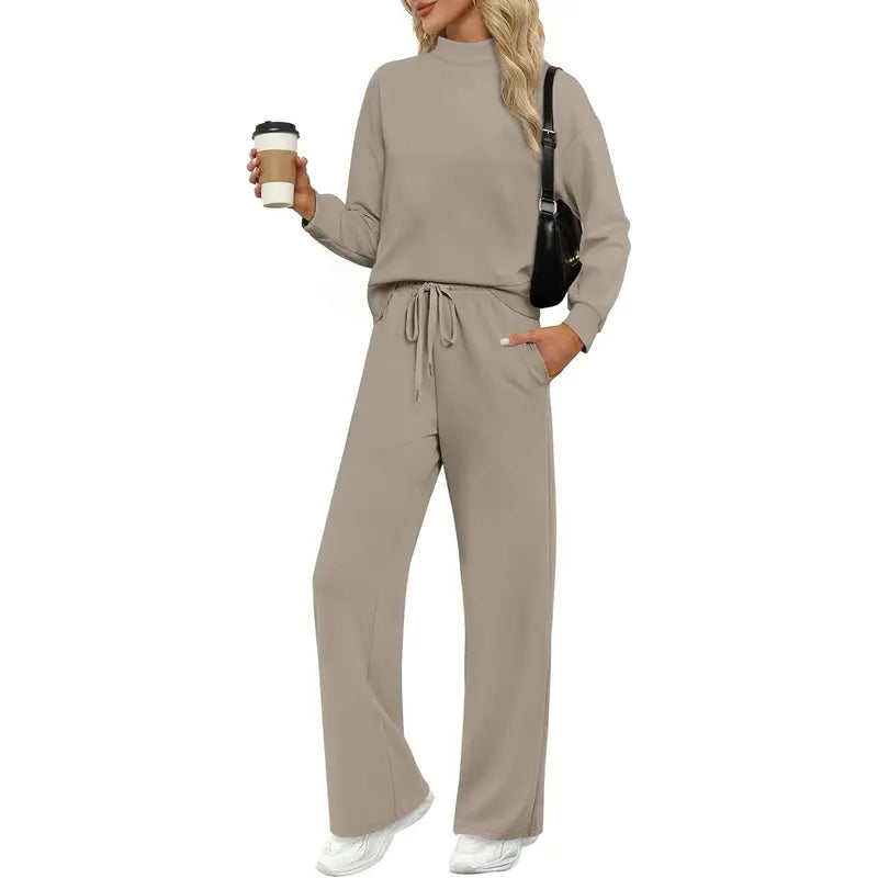 OFEEFAN Two Piece Sets for Women Fall Outfits Lounge Sets Mock Neck Tops Wide Leg Pants Vacation Travel Airport Outfits Casual Long Sleeve SpringStatements