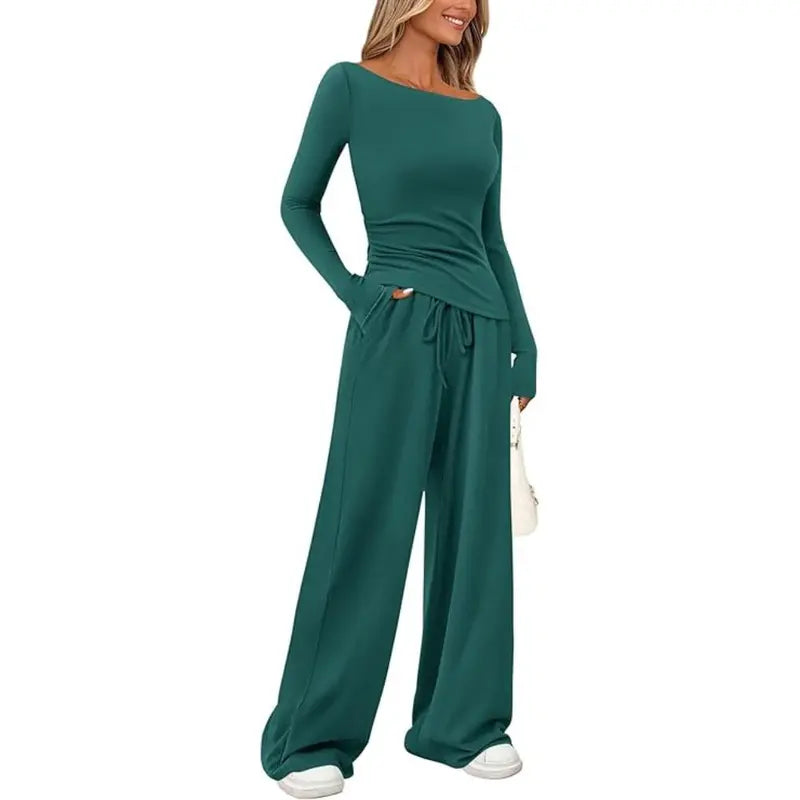 PRETTYGARDEN Women's 2-Piece Lounge Set Asymmetrical Long Sleeve T-Shirt & Wide Leg Pants Casual Fitted Tracksuit Loungewear Basic Minimalist Clothing with Drawstring & Pockets