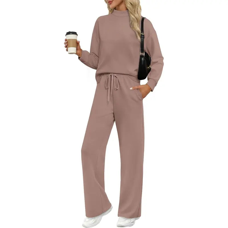 OFEEFAN Two Piece Sets for Women Fall Outfits Lounge Sets Mock Neck Tops Wide Leg Pants Vacation Travel Airport Outfits Casual Long Sleeve SpringStatements