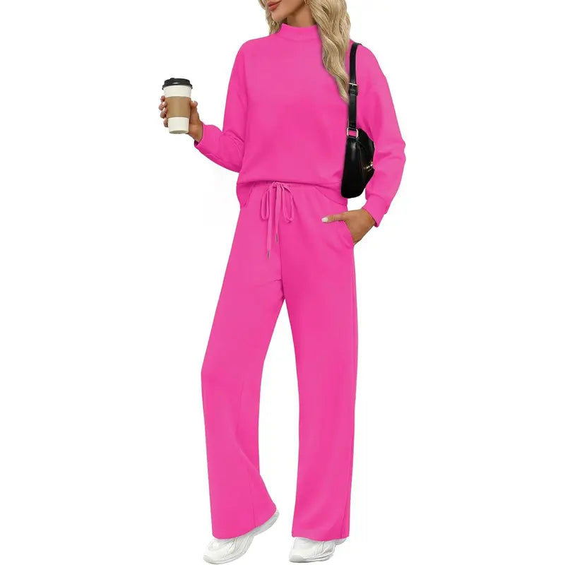 OFEEFAN Two Piece Sets for Women Fall Outfits Lounge Sets Mock Neck Tops Wide Leg Pants Vacation Travel Airport Outfits Casual Long Sleeve SpringStatements