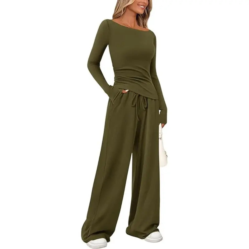 PRETTYGARDEN Women's 2-Piece Lounge Set Asymmetrical Long Sleeve T-Shirt & Wide Leg Pants Casual Fitted Tracksuit Loungewear Basic Minimalist Clothing with Drawstring & Pockets