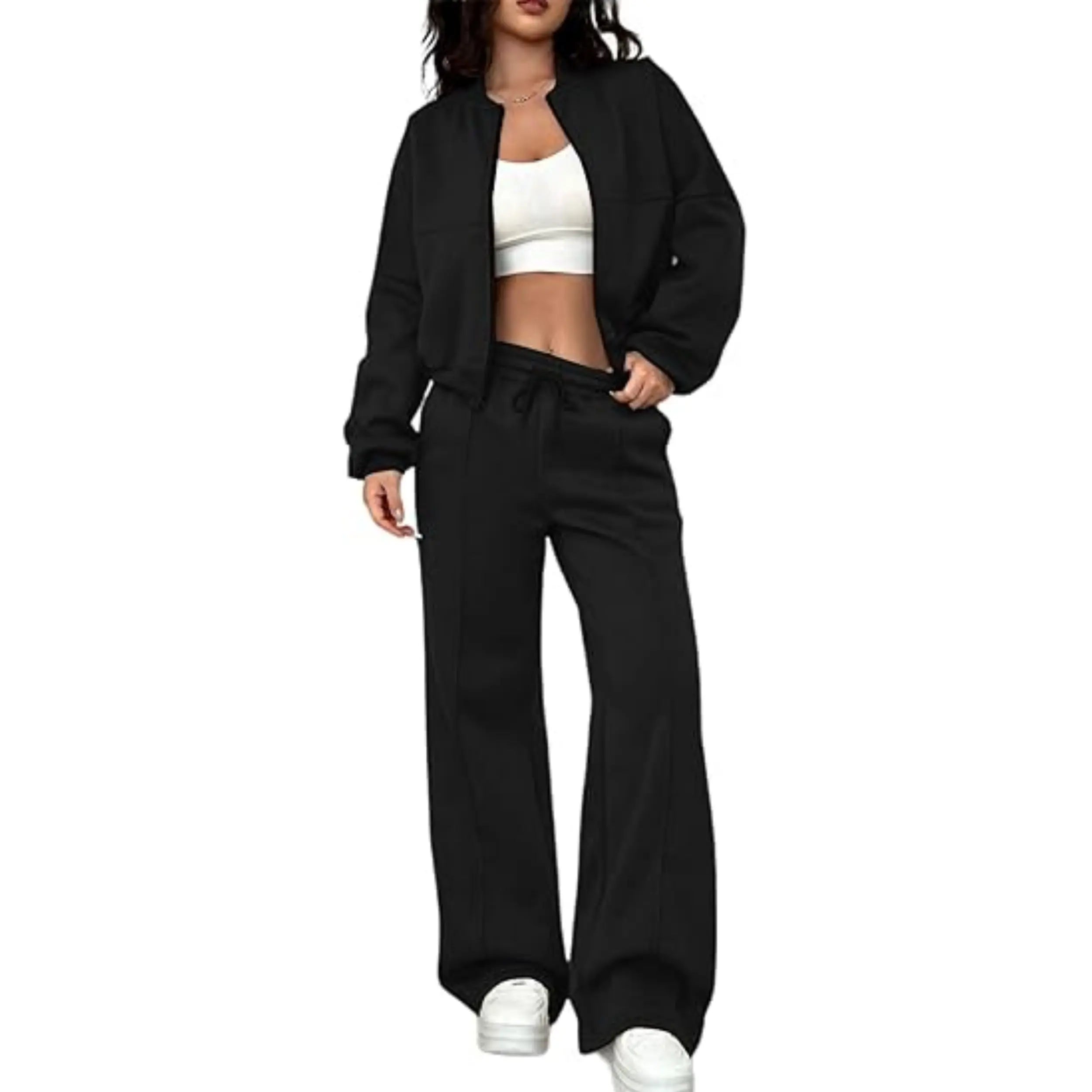 Plus Size Women's Solid Zip Up Drop Shoulder Jacket & Elastic Waist Pants Casual Fashion Cozy Breathable Two Piece Outfits for Daily Outdoor Wear Clothes Womenswear Pocket Fabric