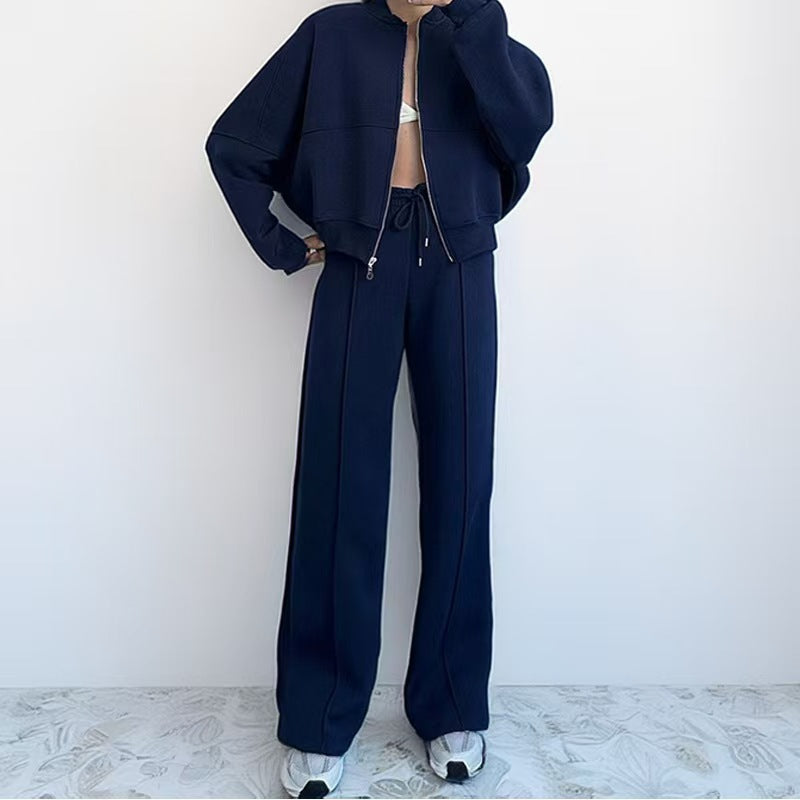 Plus Size Women's Solid Zip Up Drop Shoulder Jacket & Elastic Waist Pants Casual Fashion Cozy Breathable Two Piece Outfits for Daily Outdoor Wear Clothes Womenswear Pocket Fabric
