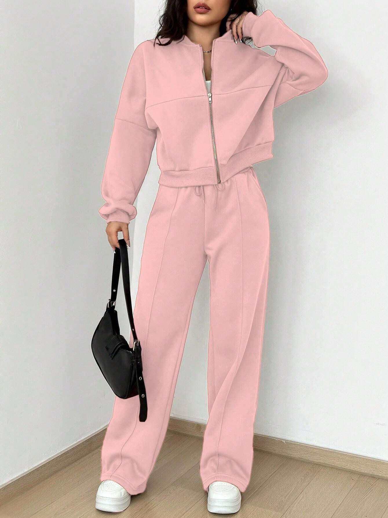 Plus Size Women's Solid Zip Up Drop Shoulder Jacket & Elastic Waist Pants Casual Fashion Cozy Breathable Two Piece Outfits for Daily Outdoor Wear Clothes Womenswear Pocket Fabric