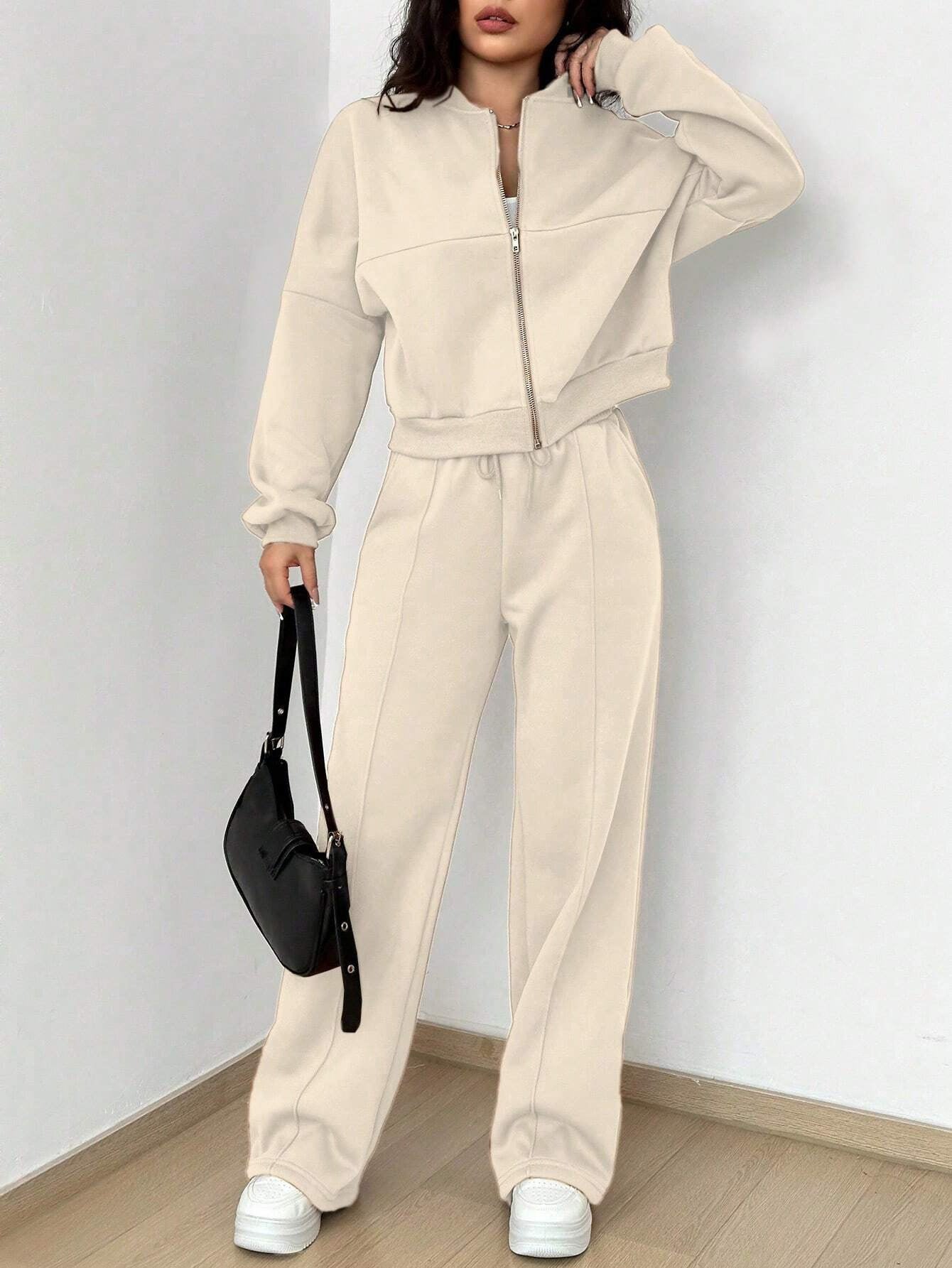 Plus Size Women's Solid Zip Up Drop Shoulder Jacket & Elastic Waist Pants Casual Fashion Cozy Breathable Two Piece Outfits for Daily Outdoor Wear Clothes Womenswear Pocket Fabric