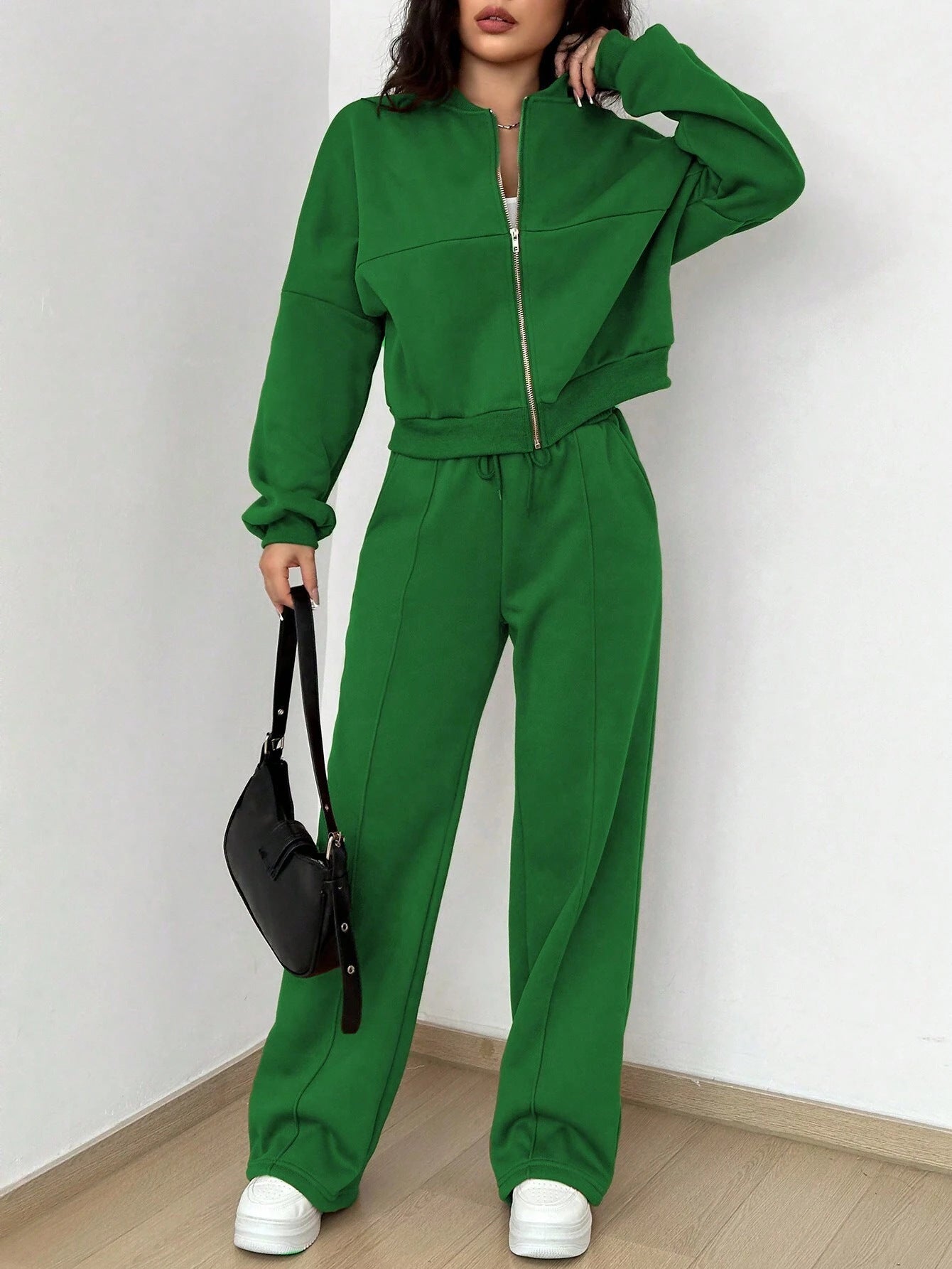 Plus Size Women's Solid Zip Up Drop Shoulder Jacket & Elastic Waist Pants Casual Fashion Cozy Breathable Two Piece Outfits for Daily Outdoor Wear Clothes Womenswear Pocket Fabric