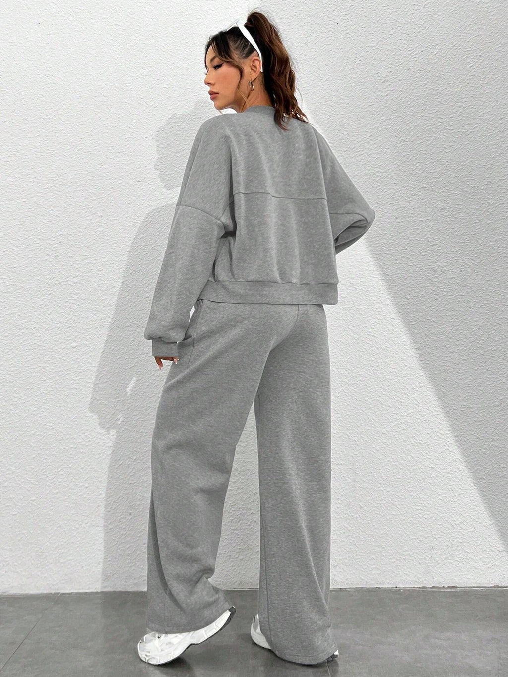 Plus Size Women's Solid Zip Up Drop Shoulder Jacket & Elastic Waist Pants Casual Fashion Cozy Breathable Two Piece Outfits for Daily Outdoor Wear Clothes Womenswear Pocket Fabric
