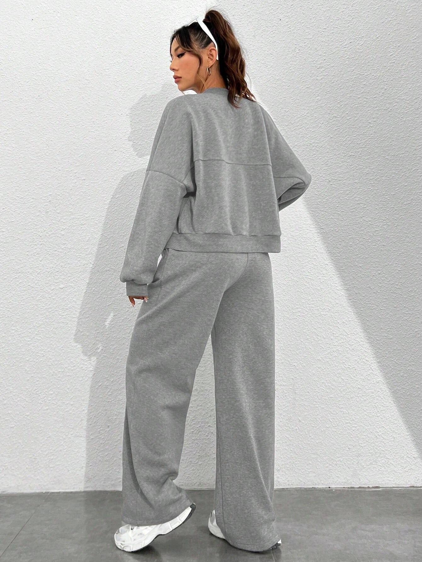 Plus Size Women's Solid Zip Up Drop Shoulder Jacket & Elastic Waist Pants Casual Fashion Cozy Breathable Two Piece Outfits for Daily Outdoor Wear Clothes Womenswear Pocket Fabric