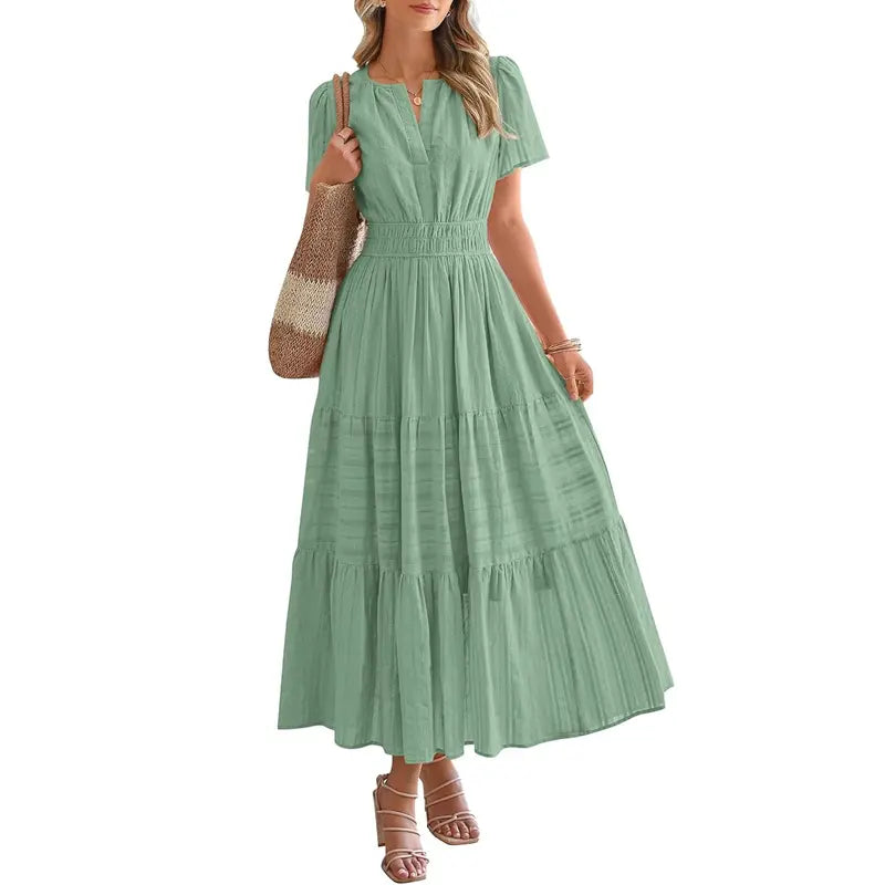 BTFBM Women's Summer 2026 Casual Maxi Dress Lightweight Short Sleeve V Neck Boho Dress with Pockets #Outdoorfun