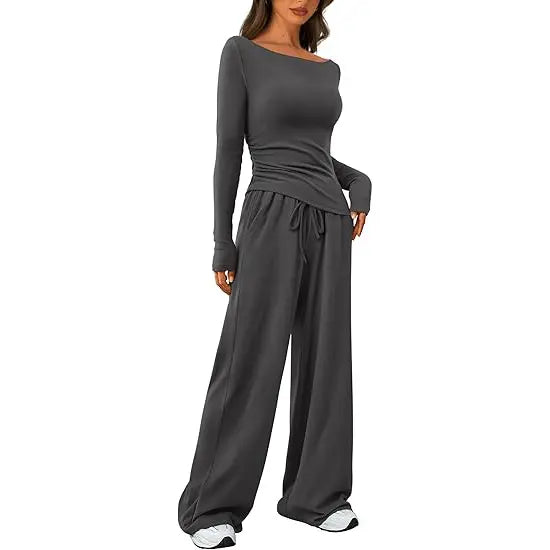 PRETTYGARDEN Women's 2-Piece Lounge Set Asymmetrical Long Sleeve T-Shirt & Wide Leg Pants Casual Fitted Tracksuit Loungewear Basic Minimalist Clothing with Drawstring & Pockets