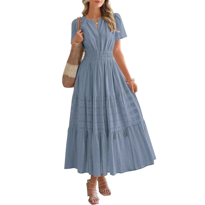 BTFBM Women's Summer 2026 Casual Maxi Dress Lightweight Short Sleeve V Neck Boho Dress with Pockets #Outdoorfun