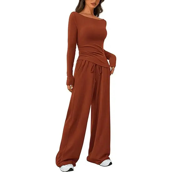 PRETTYGARDEN Women's 2-Piece Lounge Set Asymmetrical Long Sleeve T-Shirt & Wide Leg Pants Casual Fitted Tracksuit Loungewear Basic Minimalist Clothing with Drawstring & Pockets